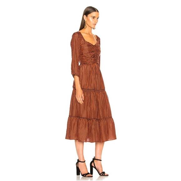 SEA NY Ethno Pop 3/4 Sleeve 100% Silk Ruched Tiered Midi Dress Size 4 - Picture 2 of 7